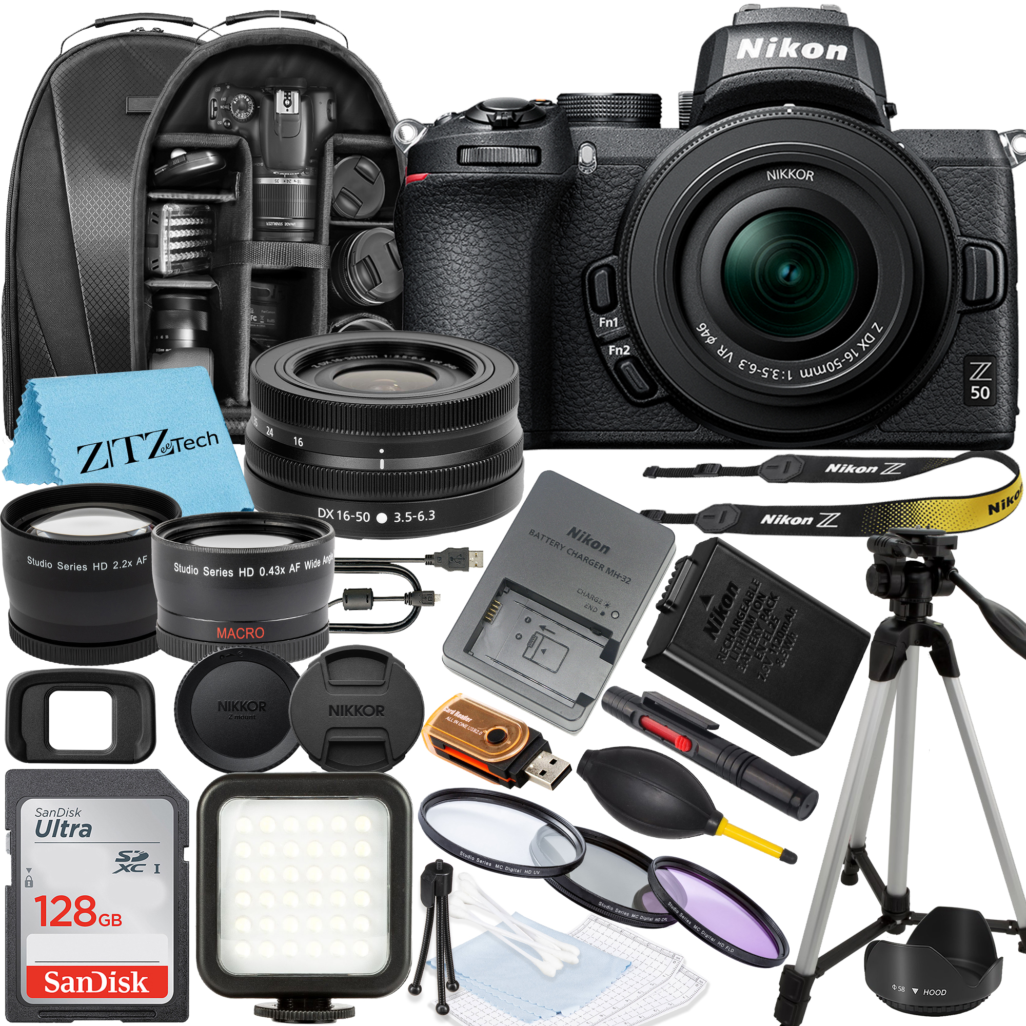 Nikon Z50 Mirrorless Camera with NIKKOR Z DX 16-50mm VR Zoom Lens, SanDisk 128GB Memory Card, Backpack, Flash, Tripod and ZeeTech Accessory Bundle