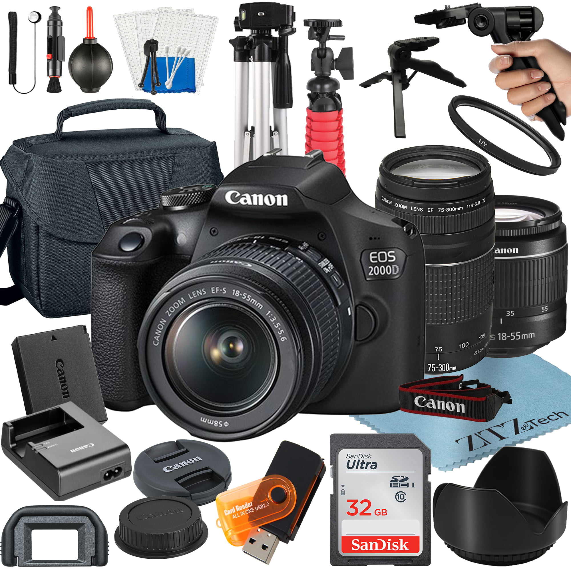 Canon EOS 2000D / Rebel T7 DSLR Camera Bundle with 18-55mm + 75-300mm Lens + 32GB SanDisk Card + Case + Tripod + ZeeTech Accessory