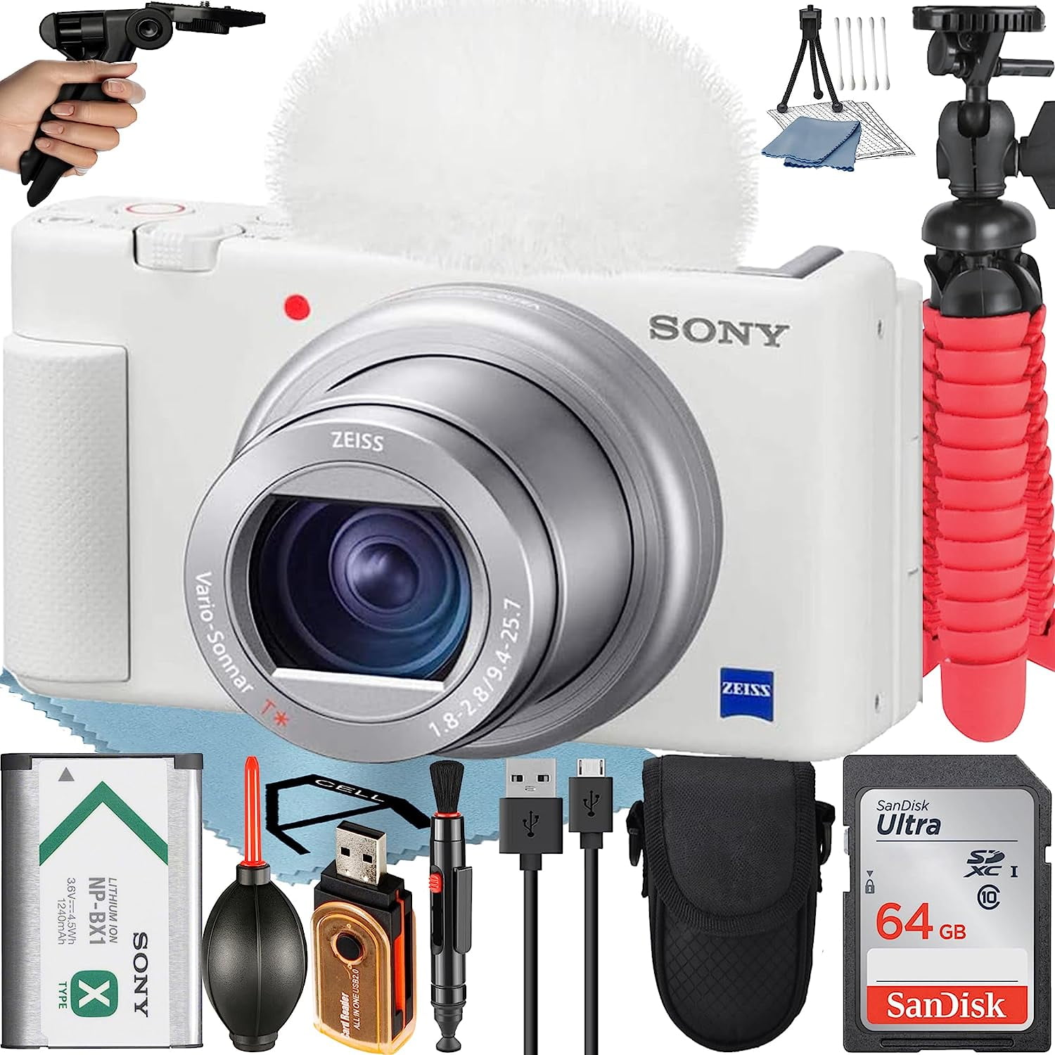 Sony ZV-1 Compact Digital Camera For Content Creators 4K HDR Video with Wind Screen + 64GB Memory Card + Case + Tripod + ZeeTech Accessory Bundle (White)