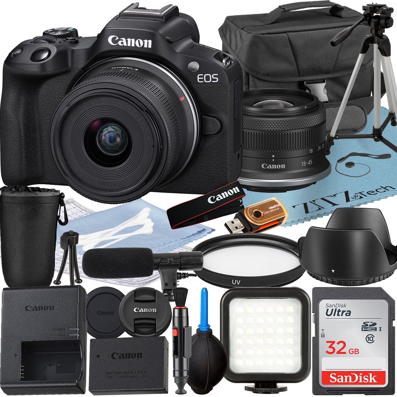 Canon EOS R50 Mirrorless Camera with RF-S 18-45mm Lens + SanDisk 32GB Memory Card + Case + LED Flash + ZeeTech Accessory Bundle