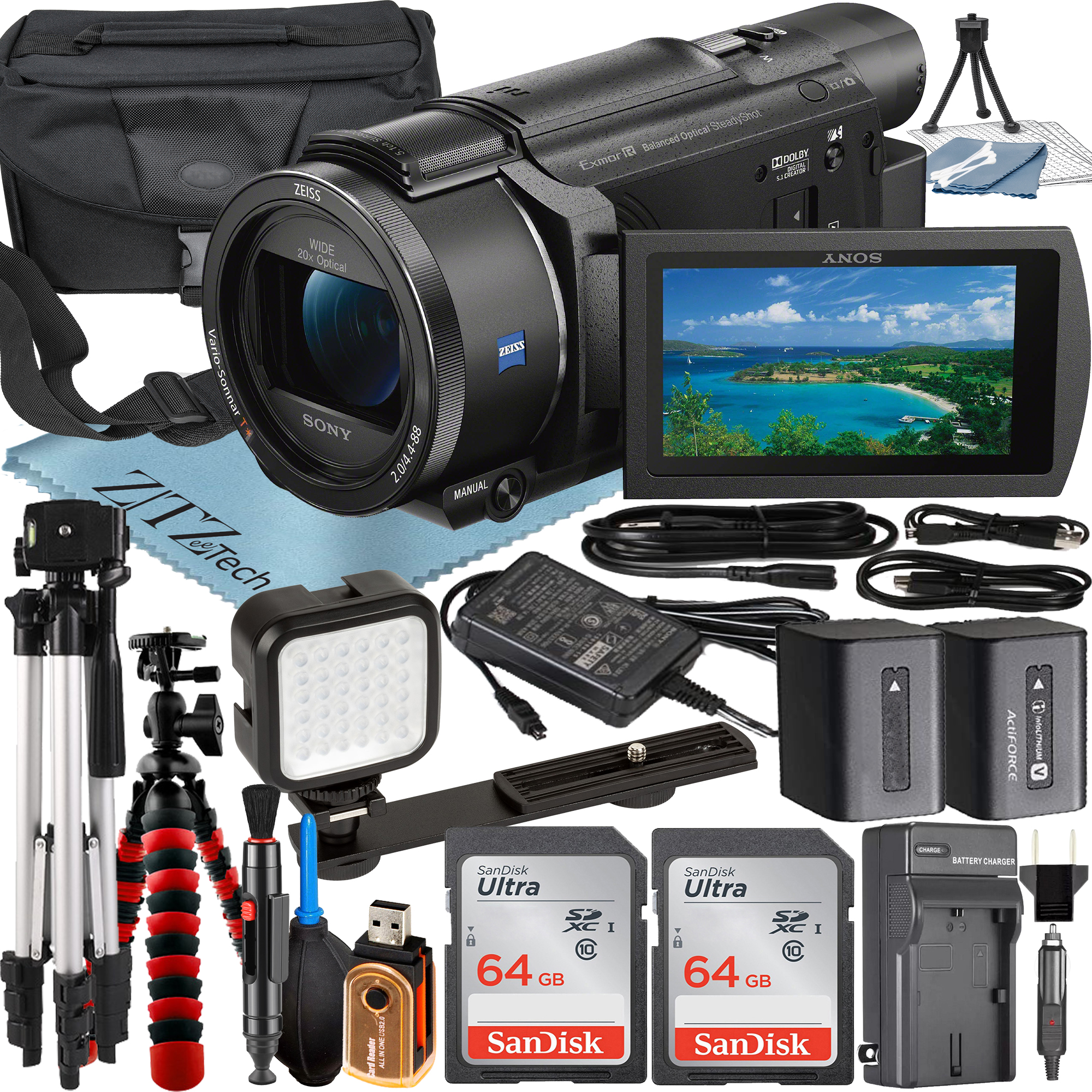 Sony FDR-AX53 4K Ultra HD Handycam Camcorder with 2 Pack 64GB SanDisk Memory Card + LED Light Flash + Case + Tripod + ZeeTech Accessory Bundle