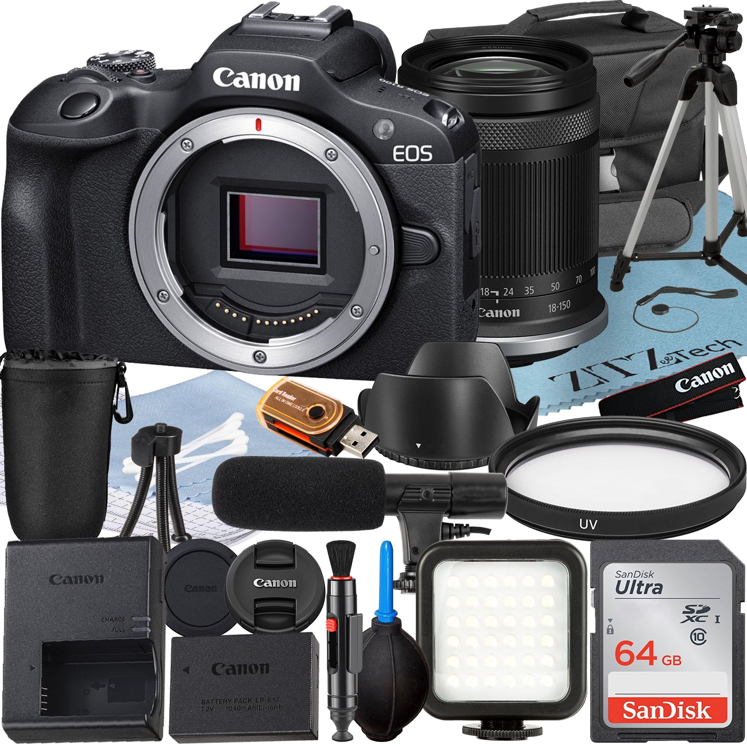 Canon EOS R100 Mirrorless Camera with RF-S 18-150mm Lens + SanDisk 64GB Memory Card + Case + LED Flash + ZeeTech Accessory Bundle