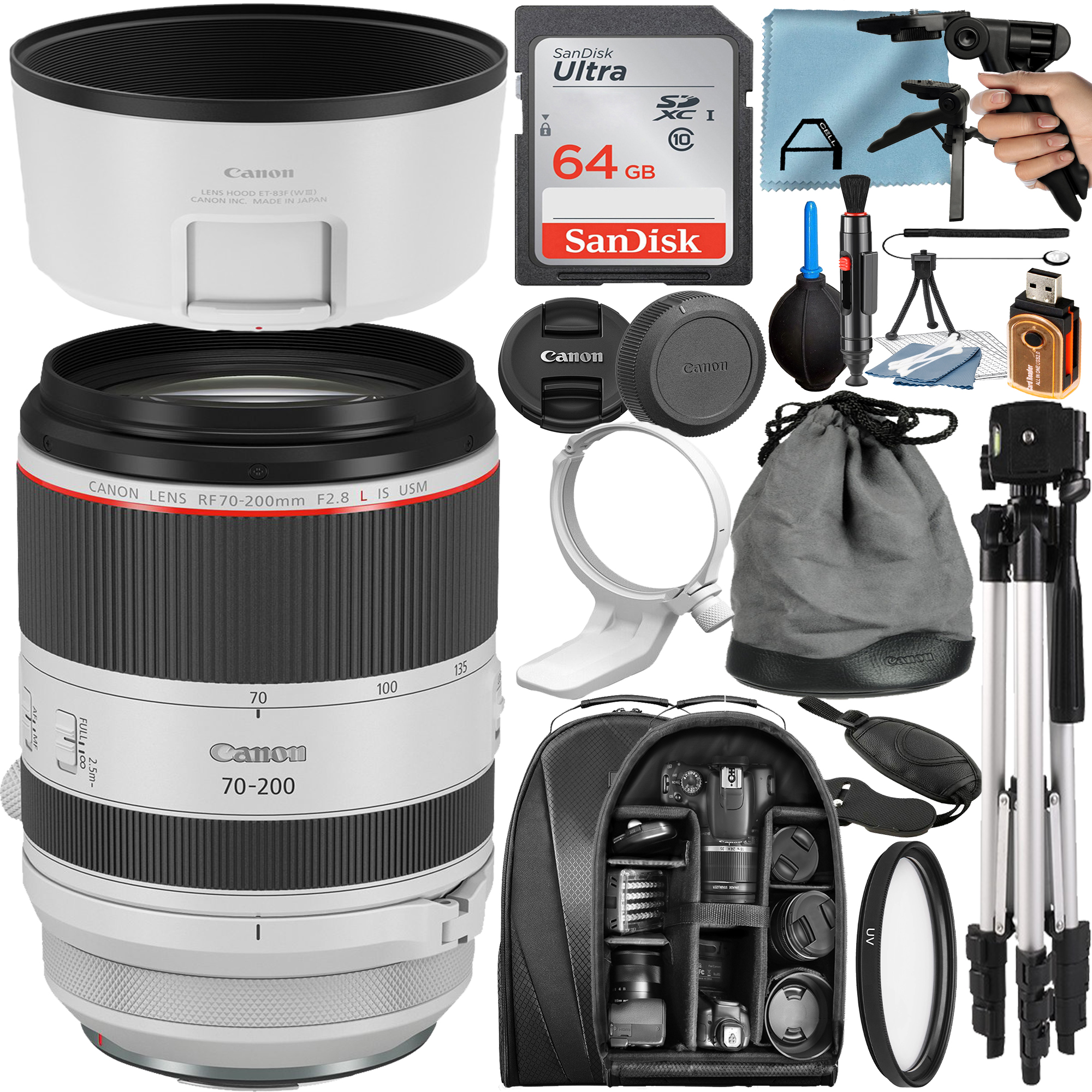 Canon RF 70-200mm F/2.8 L IS USM Telephoto Zoom Lens with 64GB SanDisk Memory Card + Tripod + Backpack + A-Cell Accessory Bundle