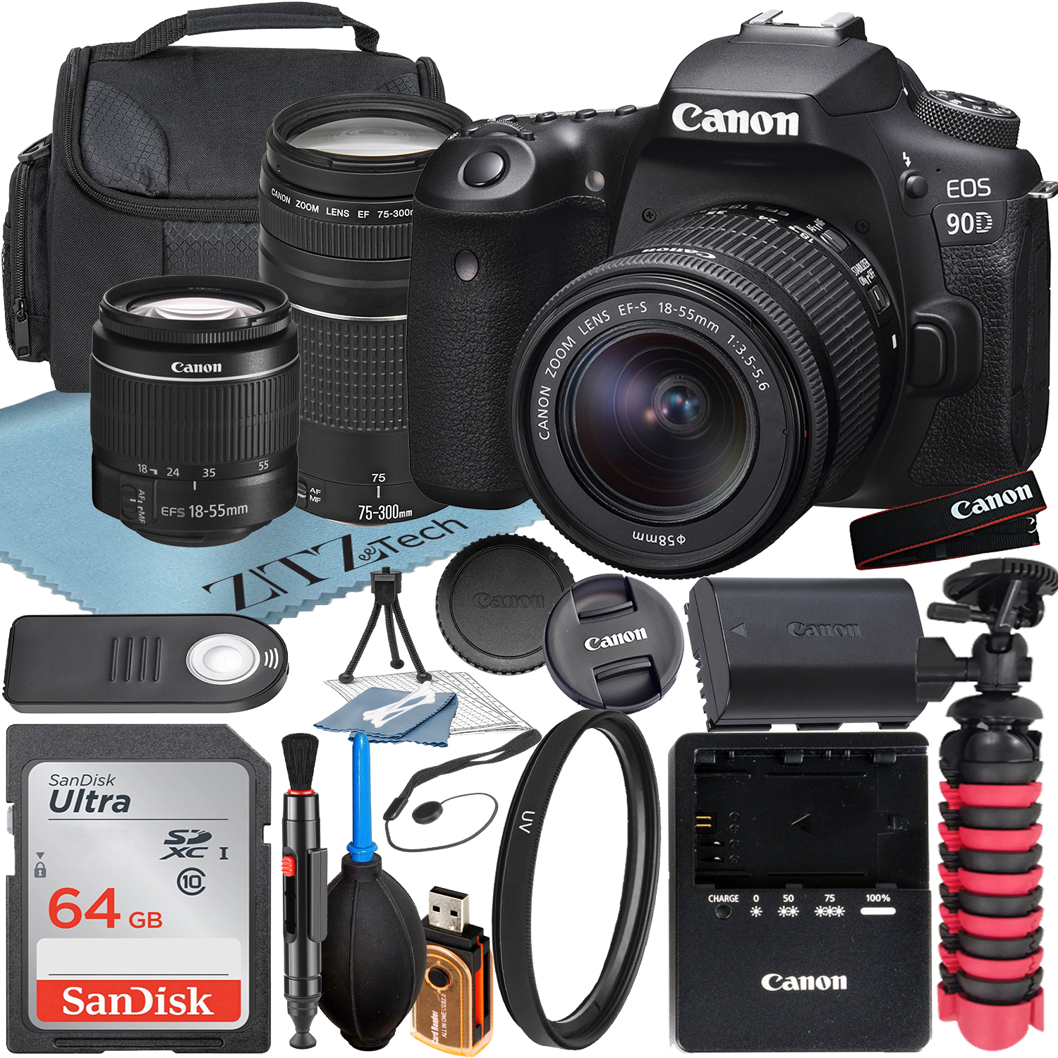 Canon EOS 90D DSLR Camera with 18-55mm + 75-300mm Lens + SanDisk 64GB Memory Card + Case + UV Filter + ZeeTech Accessory Bundle