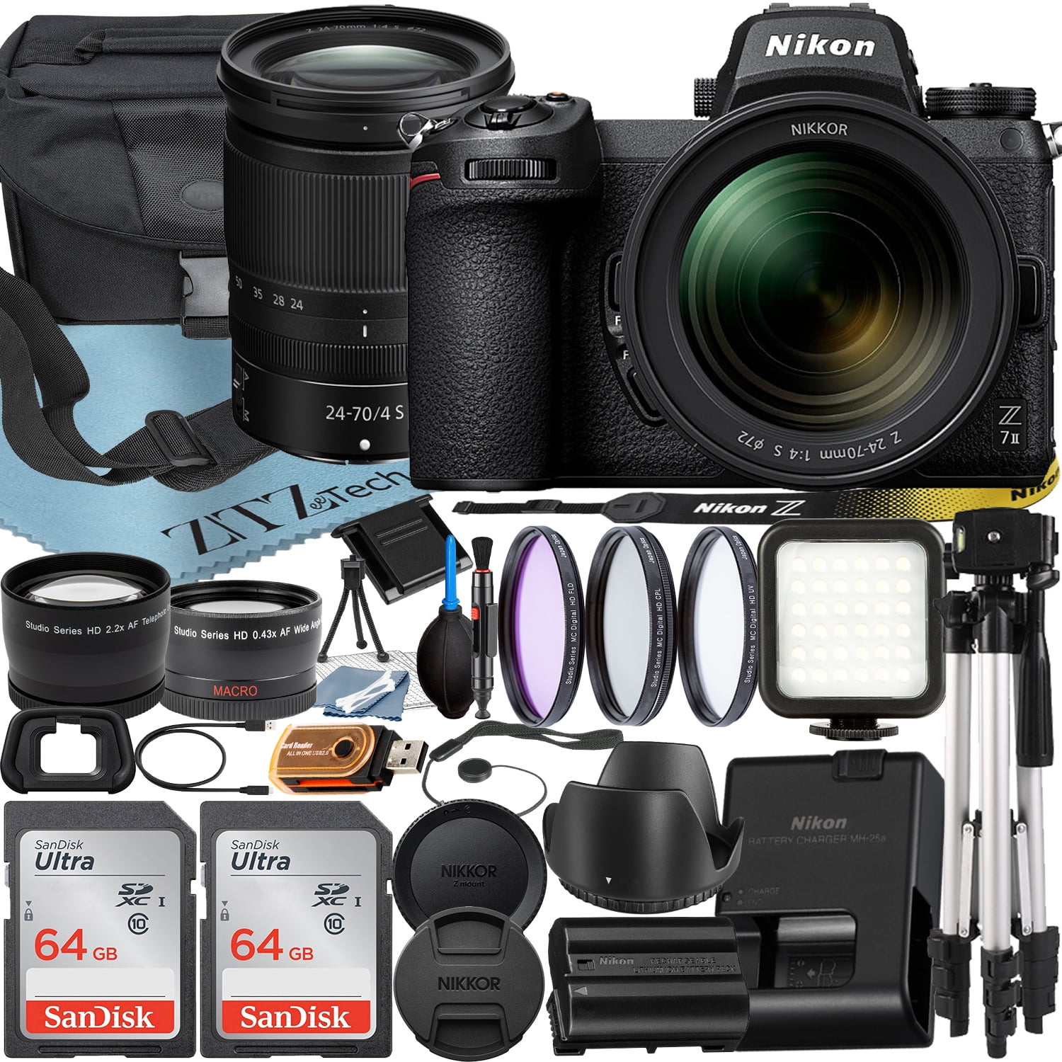 Nikon Z7 II Mirrorless Camera with NIKKOR Z 24-70mm f/4 S Lens + SanDisk 64GB Card + Case + Wideangle + Tripod + ZeeTech Accessory Bundle