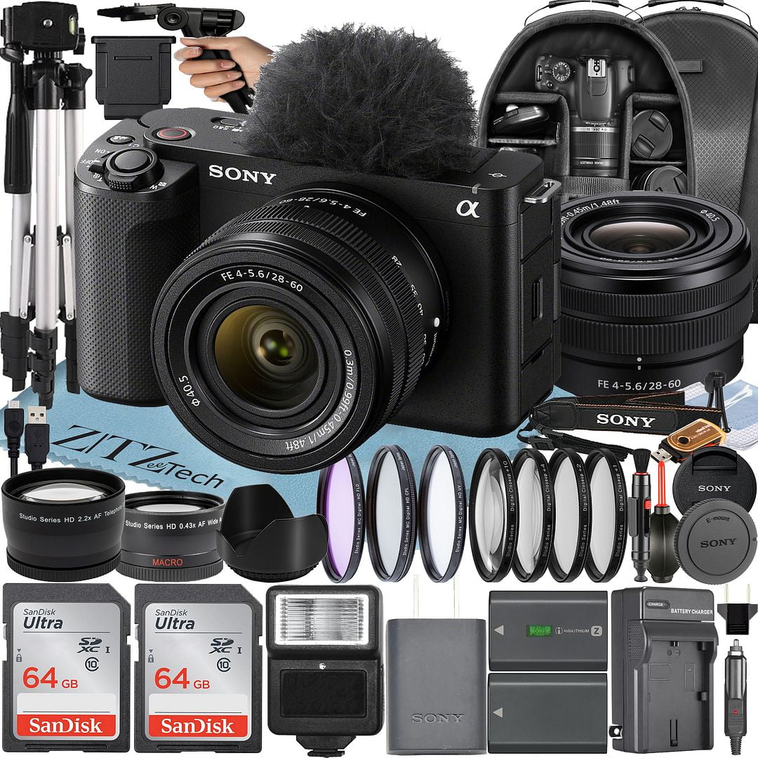 Sony ZV-E1 Mirrorless Camera (Black) with FE 28-60mm Lens + 2 Pack SanDisk 64GB Card + Backpack + Wideangle + Tripod + ZeeTech Accessory Bundle