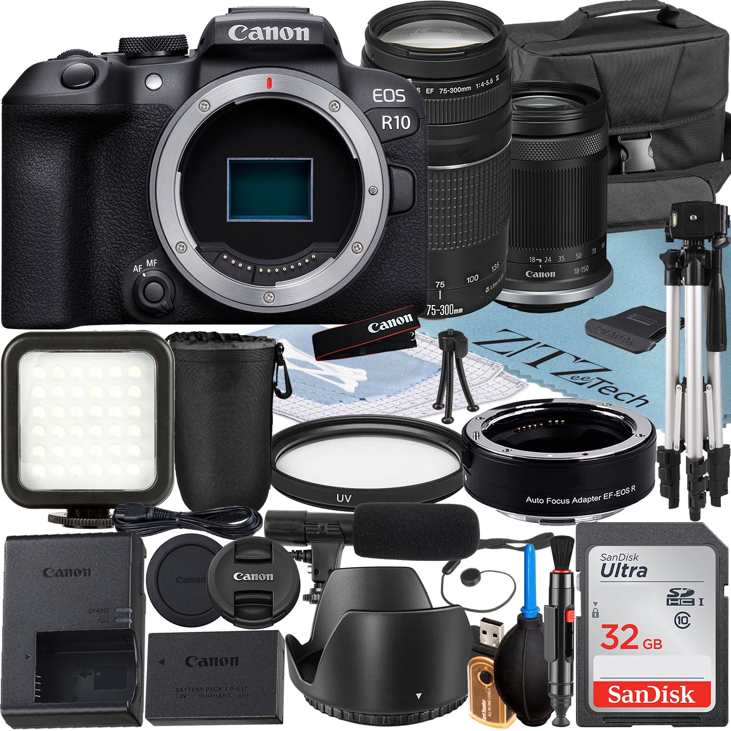 Canon EOS R10 Mirrorless Camera with RF-S 18-150mm + EF 75-300mm Lens + Mount Adapter + SanDisk 32GB Memory Card + Case + LED Flash + ZeeTech Accessory Bundle