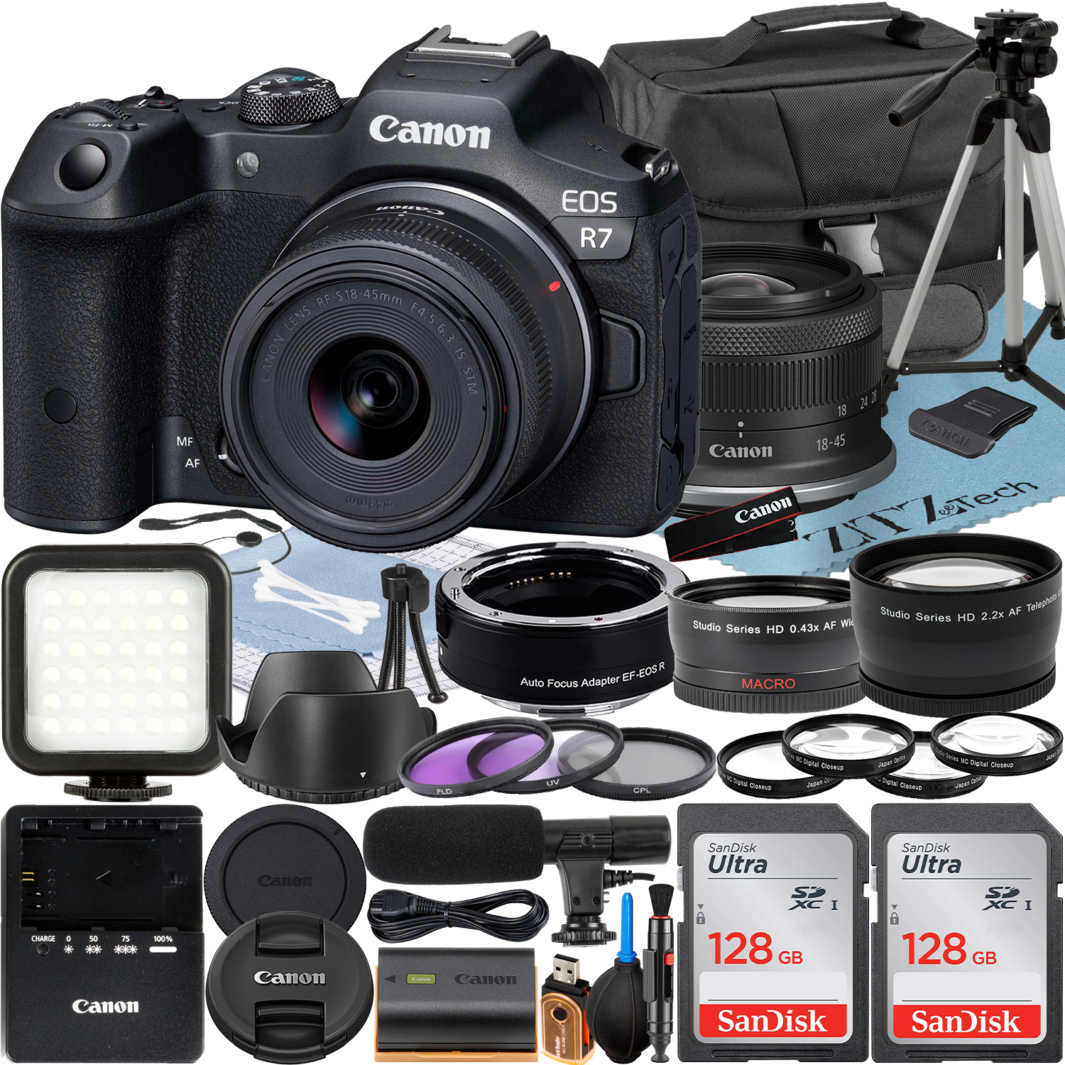 Canon EOS R7 Mirrorless Camera with RF-S 18-45mm Lens + Mount Adapter + 2 Pack SanDisk 128GB Memory Card + Case + ZeeTech Accessory