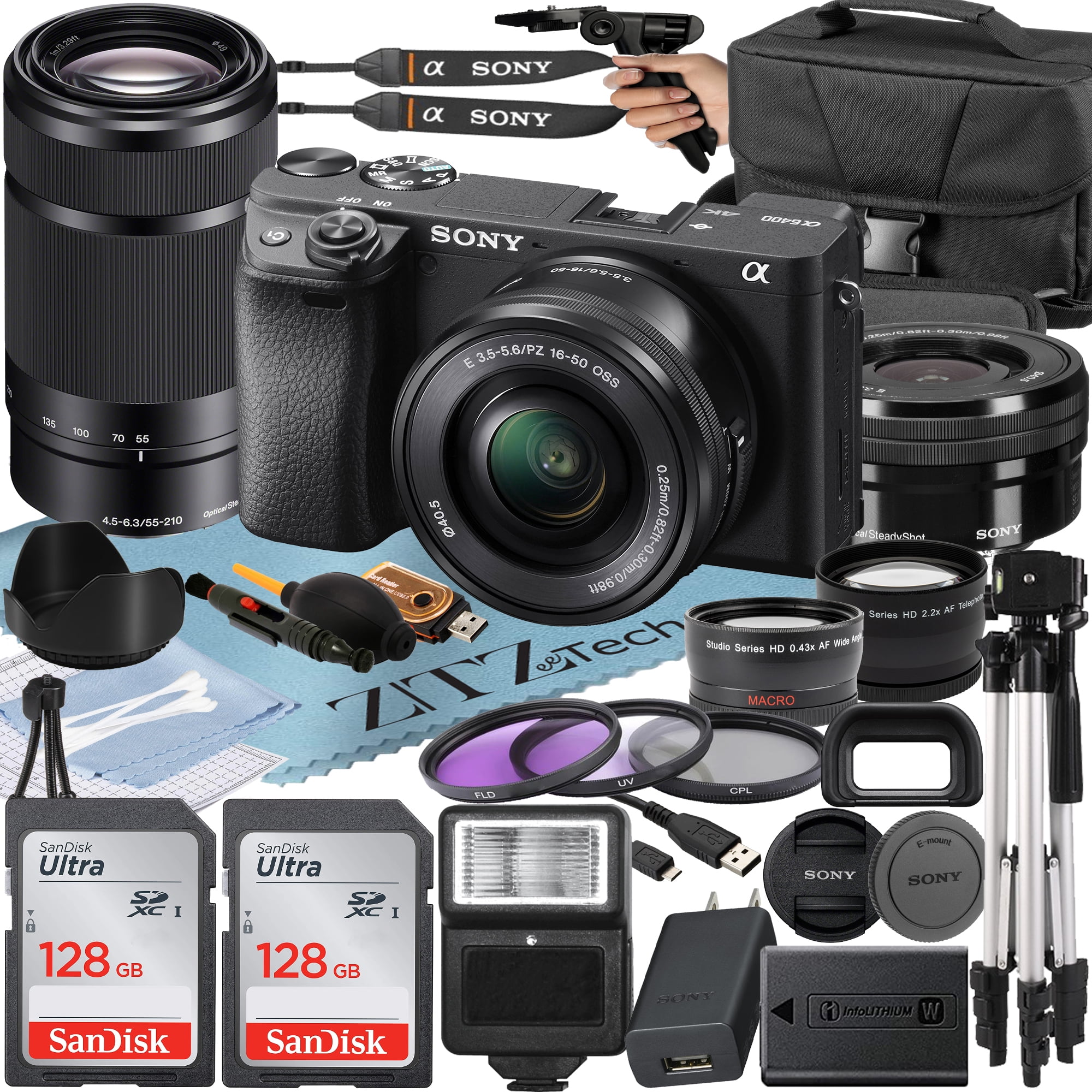 Sony Alpha a6400 Mirrorless Digital Camera with E PZ 16-50mm + E 55-210mm OSS Lens + 2 Pack SanDisk 128GB Card + Flash + ZeeTech Accessory Bundle