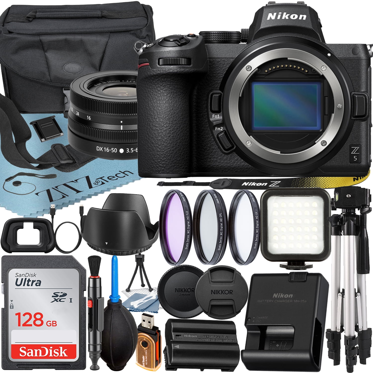 Nikon Z5 Mirrorless Camera with NIKKOR Z DX 16-50mm VR Zoom Lens + SanDisk 128GB Card + Case + 3 Pieces Filter + Flash + ZeeTech Accessory Bundle