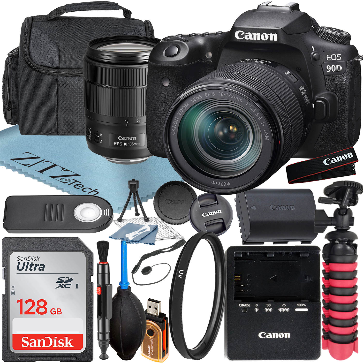 Canon EOS 90D DSLR Camera with 18-135mm IS USM Lens + SanDisk 128GB Memory Card + Case + UV Filter + ZeeTech Accessory Bundle