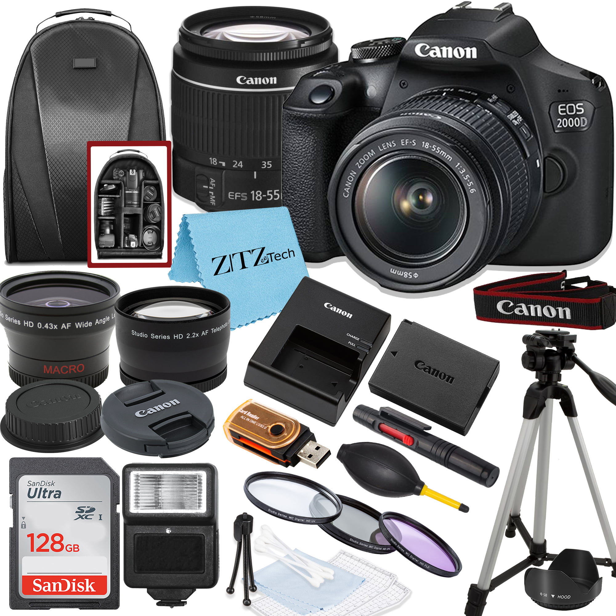Canon EOS 2000D / Rebel T7 DSLR Camera with EF-S 18-55mm Zoom Lens + SanDisk 128GB Memory Card + Tripod + Case + Wideangle Lenses + ZeeTech Accessory Bundle